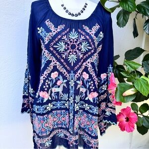 Johnny Was Embroidered Navy Blue  Top S